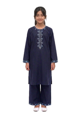 Plum Lawn Dark Blue Colour Embroidered with Light Blue threads on 2pc Sitched Suit for Girls