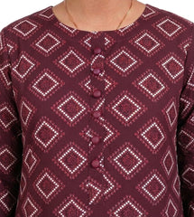 Plum Lilen (imported fabric) Burgundy Colour White Patterns with Burgundy buttons on 2pc stitched suit for Girls.