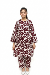 Plum Digital Lawn OffWhite Colour Printed Burgandy Leaves on 2 Pc stitched suit for Girls.
