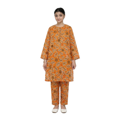 Plum Digital Lawn Beautiful Orange Colour printed Mint Red Green Patterns with Green buttons On 2 Pc stitched suit for Girls