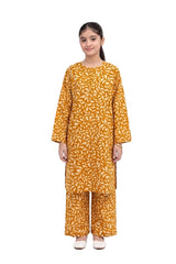 Plum Khaddar Mustard Colour printed White Patterns with Mustard buttons on 2pc stitched suit for Girls.
