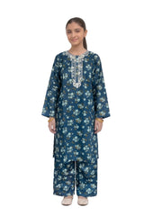 Plum Khaddar Teal Colour printed White & Mustsrd flowers embroidered with White threads on 2pc stitched suit for Girls