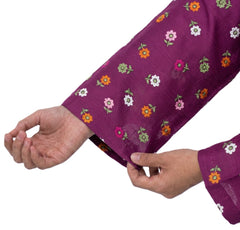 Plum Khaddar Dark Purple colour printed Orange Pink Green Flowers with Orange buttons on 2pc stitched suit for Girls