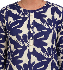Plum Khaddar Off-White colour printed Blue Flowers with Off White buttons on 2pc stitched suit for Girls.