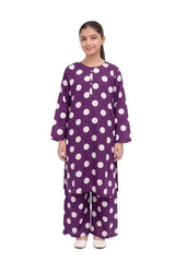 Plum Lilen (imported Fabric) Purple colour printed White Dots with White buttons on 2pc stitched suit for Girls.