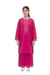 Plum Khaddar Pink Colour embroidered with Light Pink threads on 2pc stitched suit for Girls.