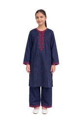 Plum Khaddar Dark Blue Colour embroidered with Red threads on 2pc stitched suit for Girls.