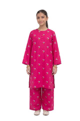 Plum Khaddar Pink colour printed Sky Blue & Green Flowers with Pink buttons on 2pc stitched suit for Girls
