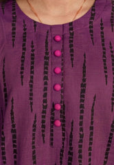 Plum Khaddar Dark Purple colour printed Black Patterns with Purple buttons on 2pc stitched suit for Girls.
