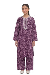 Plum Khaddar Purple Colour printed White Flowers embroidered with White threads on 2pc stitched suit for Girls