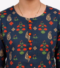 Plum Khaddar Dark Blue Colour Printed Green Red Flowers with Red buttons on 2pc Sitched Suit for Girls
