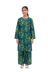 Plum Khaddar Teal colour printed Green Flowers with Yellow buttons on 2pc stitched suit for Girls