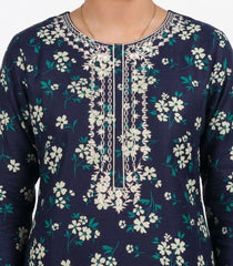 Plum Khaddar Blue Colour printed White Green Flowers embroidered with White threads on 2pc stitched suit for Girls