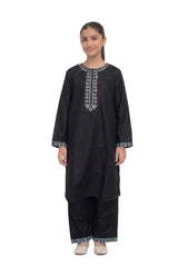 Plum Khaddar Black Colour embroidered with Green & Pink threads on 2pc stitched suit for Girls.