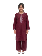 Plum Lawn Maroon Colour Embroidered with Light Pink threads on 2pc Sitched Suit for Girls