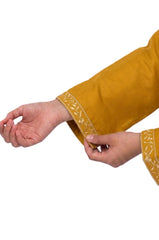 Plum Khaddar Mustard Colour embroidered with Light Mustard threads on 2pc stitched suit for Girls.