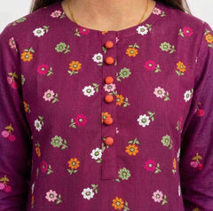 Plum Khaddar Dark Purple colour printed Orange Pink Green Flowers with Orange buttons on 2pc stitched suit for Girls