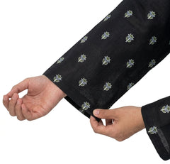 Plum Khaddar Black colour printed White Olive Flowers with White buttons on 2pc stitched suit for Girls
