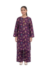 Plum Khaddar Dark Purple colour printed  Purple Blue White Flowers with Yellow buttons on 2pc stitched suit for Girls