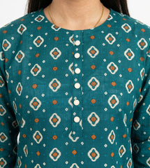 Plum Khaddar Teal colour printed White Rust patterns with White buttons on 2pc stitched suit for Girls.
