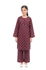 Plum Lilen (imported fabric) Burgundy Colour White Patterns with Burgundy buttons on 2pc stitched suit for Girls.