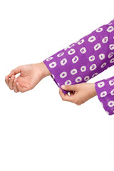 Plum Lilen (imported fabric) Purple Colour printed White patterns with White buttons on 2pc stitched suit for Girls.