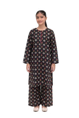 Plum Khaddar Black colour printed White Pink Green Flowers with Pink buttons on 2pc stitched suit for Girls
