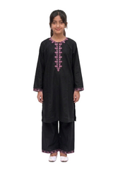 Plum 100 % Cotton Lawn  Black Colour Embroidered with Pink threads on 2pc Sitched Suit for Girls
