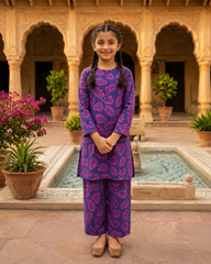 Plum Digital Lawn Blue Colour printed Pink Flowers With Pink Buttons On 2 Pc stitched suit for Girls