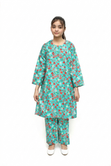Plum Digital Lawn Sea Green Colour Printed Red Orange White Flowers on 2 Pc stitched suit for Girls.