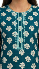 Plum Khaddar Teal Colour printed Off White flowers embroidered with Light Green threads on 2pc stitched suit for Girls