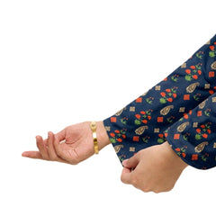 Plum Khaddar Dark Blue Colour Printed Green Red Flowers with Red buttons on 2pc Sitched Suit for Girls