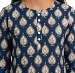 Plum Khaddar Blue colour printed Yellow White Motifz with White buttons on 2pc stitched suit for Girls