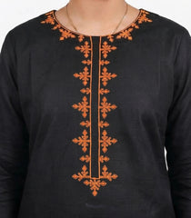Plum Khaddar Black Colour embroidered with Rust Threads on 2pc stitched suit for Girls.