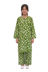 Plum Khaddar Green colour printed Off White Flowers with Green buttons on 2pc stitched suit for Girls.