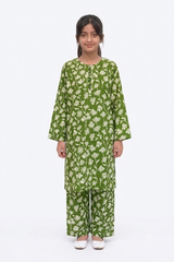 Plum Khaddar Printed Green & Off White Flowers with Green buttons on 2pc Sitched Suit for Girls