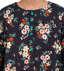Plum Khaddar Black colour printed Green Red White Flowers with Green buttons 2pc stitched suit for Girls
