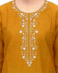 Plum Khaddar Mustard Colour embroidered with Light Mustard threads on 2pc stitched suit for Girls.