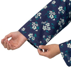 Plum Khaddar Blue Colour printed White Green Flowers embroidered with White threads on 2pc stitched suit for Girls