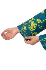 Plum Khaddar Teal colour printed Green Flowers with Yellow buttons on 2pc stitched suit for Girls