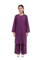 Plum Khaddar Dark Purple colour printed Black Patterns with Purple buttons on 2pc stitched suit for Girls.
