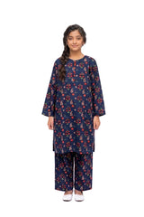 Plum Khaddar Dark Blue Colour Printed Green Red Flowers with Red buttons on 2pc Sitched Suit for Girls