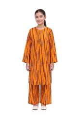 Plum Khaddar Mustard colour printed Black Patterns with Mustard buttons on 2pc stitched suit for Girls.