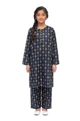 Plum Khaddar Black Colour Printed Yellow Patterns with Yellow buttons on 2pc Sitched Suit for Girls