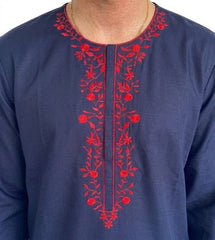 Plum Khaddar Dark Blue Colour embroidered with Red threads on 2pc stitched suit for Girls.