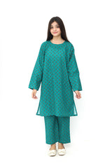 Plum Premium Khaddar Green Colour Printed Red White Mustard Flowers On 2 pc Stitched suit For Girls