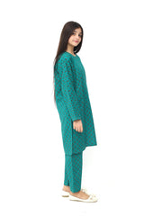 Plum Premium Khaddar Green Colour Printed Red White Mustard Flowers On 2 pc Stitched suit For Girls