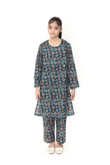 Plum Digital Lawn Blue  Colour Printed Mustard Sky Blue White Leaves Flowers On 2 pc stitched suit For Girls.
