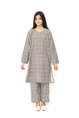 Plum Premium Kotrai ( Imported Fabric ) Light Brown Colour Printed Off WhIte Blue Flowers On 2 pc Stitched suit For Girls