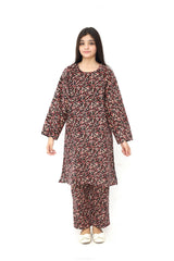 Plum Premium Kotrai ( Imported Fabric ) Black Colour Printed Pink Off White Green Flowers On 2 pc Stitched suit For Girls